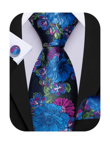 Image of Barry.Wang Flower Ties for Men Silk Woven Floral Tie Sets Necktie Handkerchief Cufflinks Wedding Party