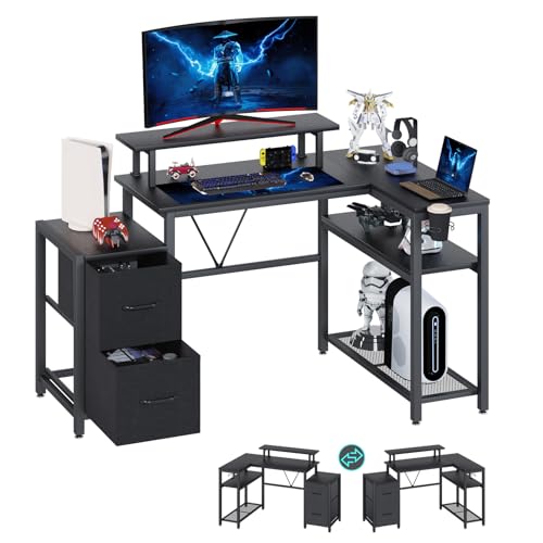 HEEYUE Computer desk, L-shaped Gaming Desk with Large Monitor Stand,Corner Desk with 2-Layer Storage Shelves,2 Fabric Drawers,Cup Holder for Home Office Black Carbon Fiber