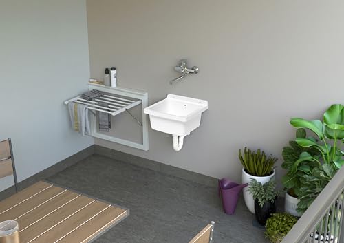 Adventa: Wanne aus PP-Kunstharz, Wandbefestigung, kompakt, mit Siphon und Ablaufgarnitur, beständig gegen Säuren, Waschküche, Garage, Außenbereich, 40 x 40 x 19 cm, weiß