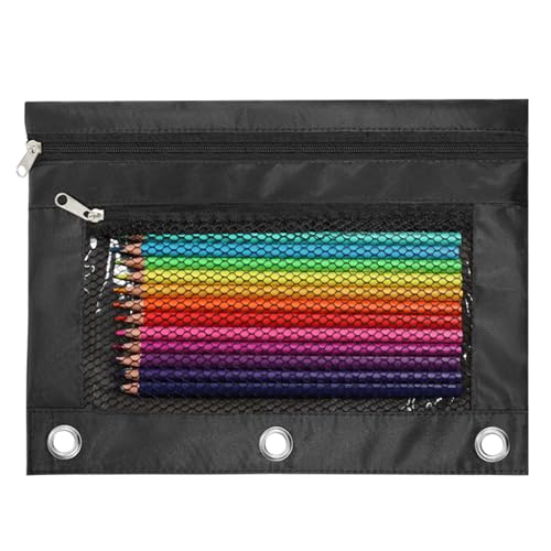 Image of Pencil Pouch for 3 Ring Binder, Heavy Duty Canvas Dual Zipper Pen Bag with Clear Window, Smooth Metal Zipper, Fit Standard 3-Ring Binders for School Office Travel Supplies (Black)