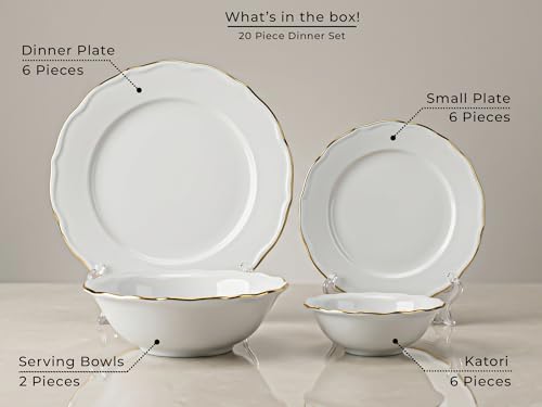 Image of Bodhi House 20-Piece Gold Rim Porcelain Dinner Set | Plates & Bowls Set | Lightweight, Chip Resistant, | Dishwasher Safe | Ideal for Home Dining & Gifting Tableware Set | White