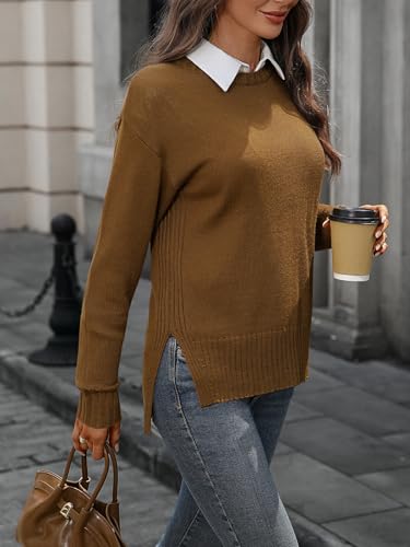 Women's Wool Sweaters Split Side Winter Crewneck Dropped Shoulders Long Sleeve Ribbed Knit Pullover 20252