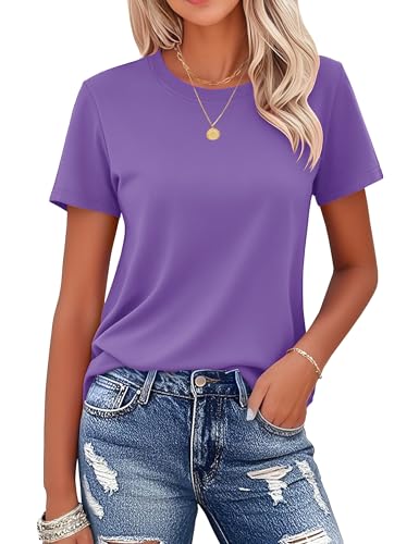 MAGCOMSEN Women's Round Neck Shirts Short-Sleeve Casual Basic T-Shirt Classic-Fit Tops Cotton Breathable Tees, Light Purple, S