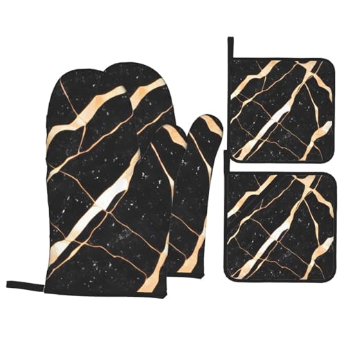 YYHHAOFA Black Rose Gold Marble Stamp Kitchen Baking Four-Piece Set - Insulated Oven Mitt and Pot Holders for Thick and Durable Anti-Scalding Protection