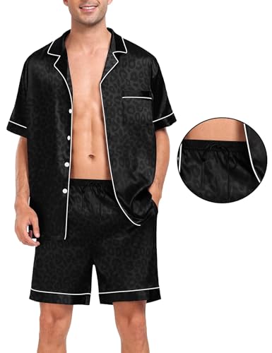 Image of SWOMOG Men Silk Pajama Set Short Sleeve Satin PJs Sets 2 Piece Button Down Sleepwear Soft Summer Loungewear with Pockets