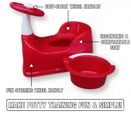 Image of Baby Potty Training Seat with Steering Wheel | Fun & Comfortable Toddler Toilet Trainer | Easy-Clean Potty Chair for Boys & Girls (Red)