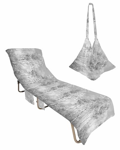 Greyish Tree Beach Chair Cover with Side Pockets, Microfiber & Quick Dry Pool Chaise Lounge Chair Towels Covers for Sun Sunbathing Patio Garden Hotel, Rustic Vintage Abstract Graffiti Oil Painting Art