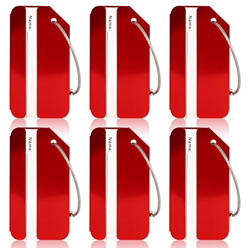 6 Pack Luggage Tag, Aluminium Metal Suitcase Tags with Name ID Card and Stainless Steel, Identification Backpack Waterproof Labels for Travel Luggage, Baggage, Suitcase (6 RED)