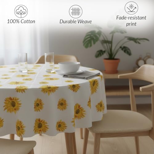 Image of HOMEMONDE 100% Cotton Premium Dining Round Table Cover, 45 x 45 Inches Floral Printed Table Cloth 4 Seater, Round Table Cover - (114 x 114 CM, Sun Flower - Multicolor)