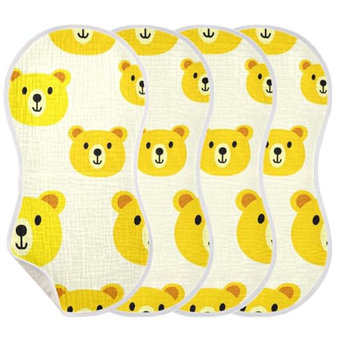 4 Pack Baby Burp Cloths, Soft Absorbent Burping Cloths for Babies, Cotton Milk Spit Up Rags, Large Size for Newborns, Baby Boys and Girls (Yellow Bear Faces)