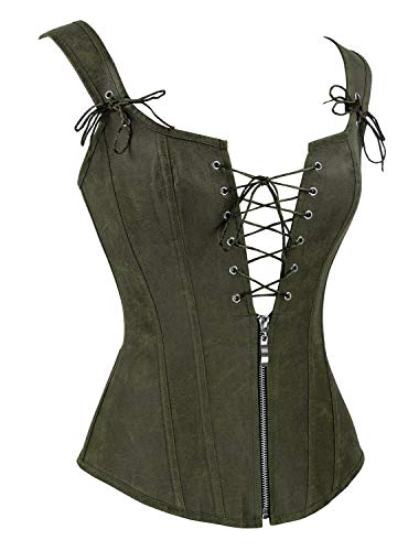 Charmian Women's Vintage Renaissance Lace Up Bustier Corset With Garters Olive Large #TOP1