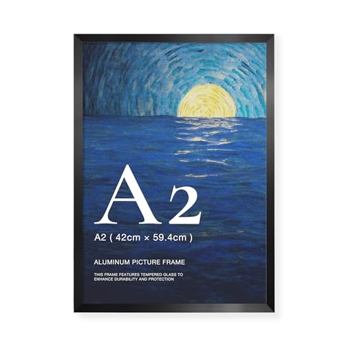 LIVINGTASTE Bilderrahmen A2 Aluminium Schwarz gebürstet mit gehärtetem Glas 1 Stück passt für 42x59 4 cm Poster ideal für Wohnzimmer Wanddeko