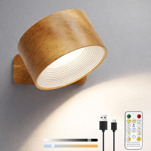 Lights of Sweden Wall Lamps - Cordless Magnetic Sconces Rechargeable Infinity Wall Lamps with Remote Control 360 Rotatable 3 Color Temperatures & Dimmable for Bedroom and Home (Wood)
