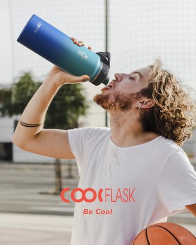 Image of Coolflask 40 oz Water Bottle Insulated with Straw & 3 Leakproof Lids