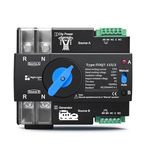 Din Rail ATS 110V 120V Dual Power Automatic Electrical Selector Switch 2P 63A 100A 125A 1Pcs(63A)