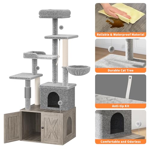 Árbol para gatos 2-en-1 con caja de arena oculta gris miniatura 4