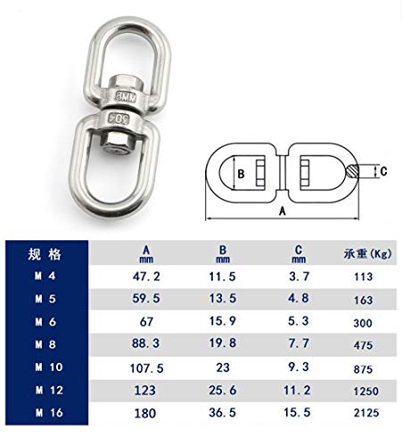 JCBIZ 2 peças M8 Corrente de olho duplo gancho giratório manilha de aço inoxidável 304 equipamento m