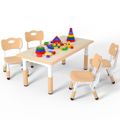 Kids Table and 4 Chairs Set,Height Adjustable Children Table & Chair,Toddlers Study Multi-Activity Table with 47.2"x23.6" Wipe-Clean Desktop,for Classrooms, Homes & Daycares