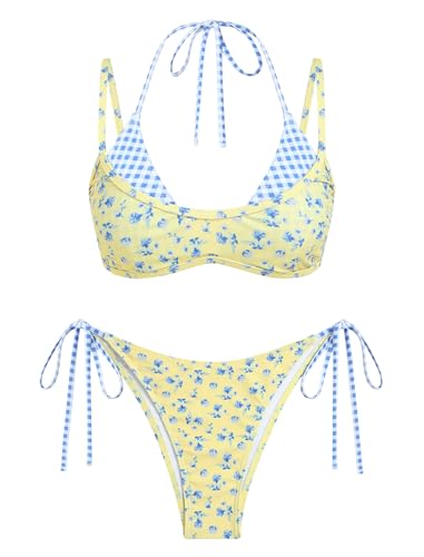 Image of ZAFUL Women's Polka Dot Bikini Set Double Layer Halter Swimsuit Colorblock Side Tie 2 Piece Bathing Suit