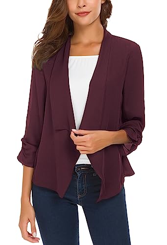 Women's Ruched Sleeve Lightweight Thin Chiffon Blazer (L, Mulberry)