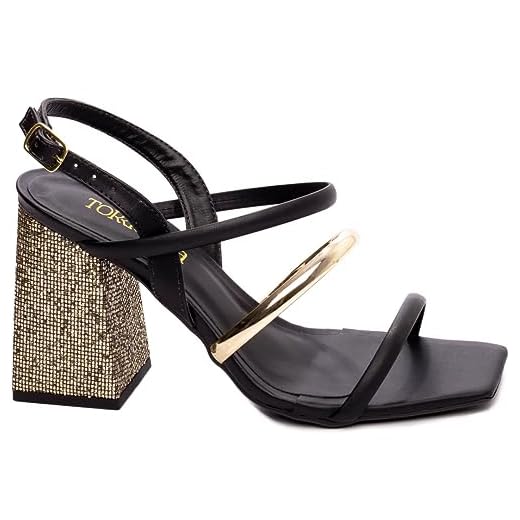 Sandália Salto Grosso Feminina Metal Speechio Ouro Preto Cor:Preto;Tamanho:34