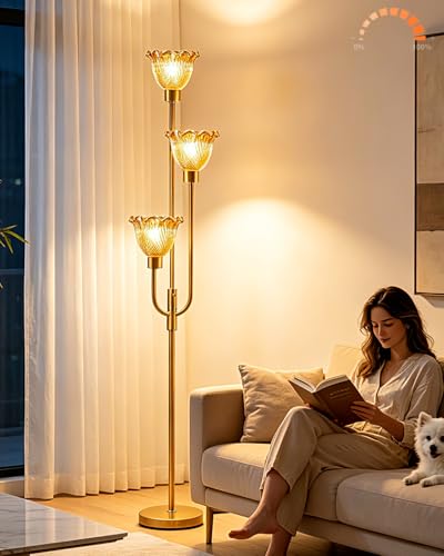 Image of Lightdot 3-Lights Glass Floor Lamp 66IN Modern Gold Dimmable Floor Lamps with 3000K Warm White Bulbs for Wedding Party Tall Standing Lamp with Amber Glass Shade for Living Room /Bedroom /Home Decor