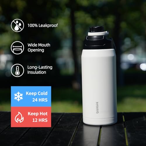 Image of BJPKPK 64 oz Half Gallon Water Bottle, Leakproof Insulated Stainless Jug | Double Wall Vacuum, Keeps Hot /Cold, BPA Free, Dishwasher Safe, Wide Mouth, Spout Lid, Carry Handle, Travel & Hiking, White
