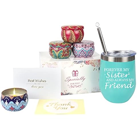 Sister Gifts,Stainless Steel Wine Tumbler Glass(12oz) Camping Wine Glass Gifts Set ,Candles 4 Pack Christmas Birthday Gift for Sister-Blue Cover