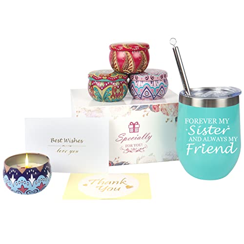 Schwester-Geschenke, Edelstahl-Weinglas, 340 ml, Camping-Weinglas-Geschenk-Set, Kerzen, 4 Stück, Weihnachts-Geburtstagsgeschenk für Schwester, Blau Cover