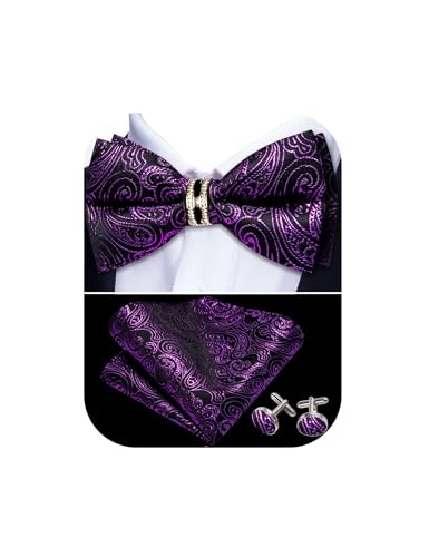 Image of YOHOWA Mens Bow Tie Set Paisley Pre-tied Bowties Adjustable with Handkerchief Cufflinks Gold Ring Set Wedding Prom Party