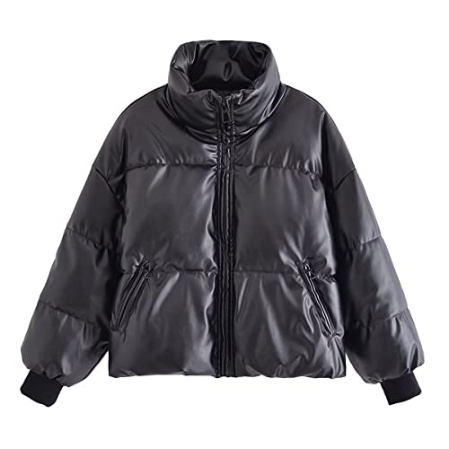 Damen Wintermäntel Fairy Grunge Cropped Puffer Jacke Y2K PU Leder Baggy Kurz Warm Alt Gesteppte Daunen Outwear, schwarz, Mittel Cover