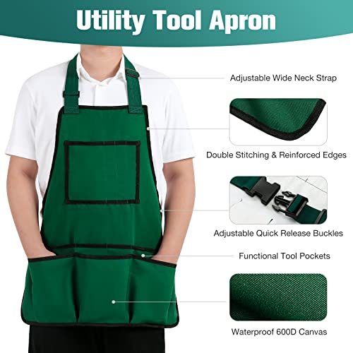 Tool Work Apron With 14 Pockets Heavy Duty Canvas Work Apron With Adjustable Buckle Belt Reinforced Edges Waterproof For Carpenters, Mechanics, Painters, Gardeners And Diy Enthusiasts, Green #TOP5