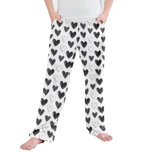 Black White Hearts Long Pajama Pants Elastic Waist PJ Bottoms with Pockets S A113392