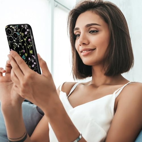 Image of RALEAVO Floral Case for iPhone 16 Pro, Flower Branch Pattern Design Cute Cover Case for Girls Women Slim Thin Soft Silicone Shockproof Anti-Slip Phone Case for iPhone 16 Pro (6.3 inch),Black | for iPhone 16 Pro Case with Cute Flower Branch Pattern Design,Pretty Case for Girls Women,Soft Silicone Shockproof Cover