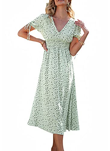 GRACEVINES Women’s Summer v Neck Floral Midi Dress a Line High Waist Ruffle Swing Boho Sundress