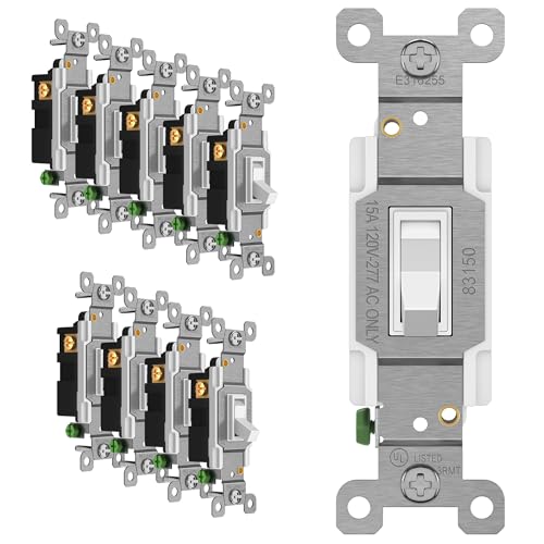 ENERLITES Toggle Light Switch, 3-Way or Single Pole, 15A 120-277V, Grounding Screw, Residential Grade, UL Listed, 83150-W-10PCS, White (10 Pack)