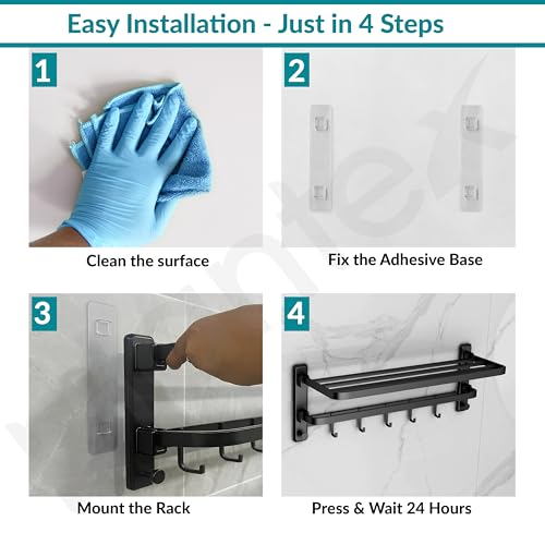 Image of Plantex Self Adhesive Towel Hanger for Bathroom /90 Folding Towel Rack for Bathroom 24 Inch /Towel Holder /Bathroom Accessories - Pack of 1(Black, 6800)