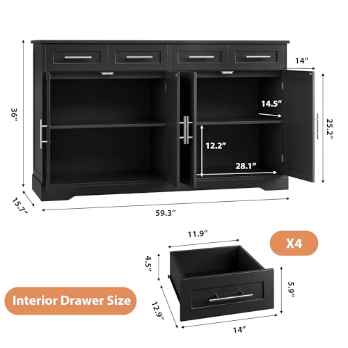 HOSTACK 60\" Large Buffet Sideboard with Storage, 36\" Tall Kitchen Buffet Storage Cabinet with 4 Drawer, Modern Coffee Bar Cabinet with Silver Handle, Long Sideboard Buffet Table for Kitchen, Black - Thumbnail 3