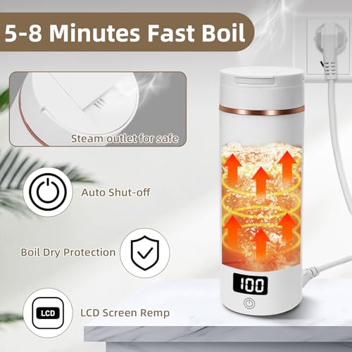 Hervidor Agua Electrico Pequeño, 450ML Hervidor De Agua Portátil Pequeño, calentador de agua portatil, Acero Inoxidables 316 con 6 Niveles de Temperatura,con Apagado Automático, para Café y Té, Leche - imagen 4