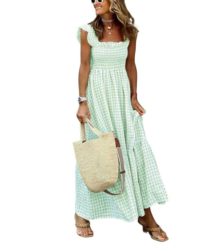 Image of chouyatou Women's Retro Plaid Smocked Dress Spaghetti Strap Flounce Long Dress