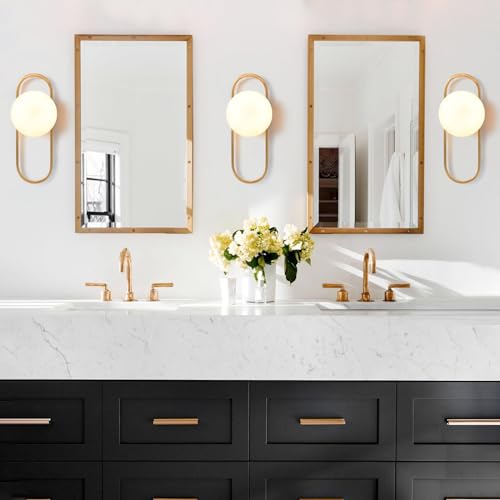 Gold Wall Lamp Sconces Set of 2 with White Globe Glass Shade - Living Room & Bedroom Wall Lights - Image 5