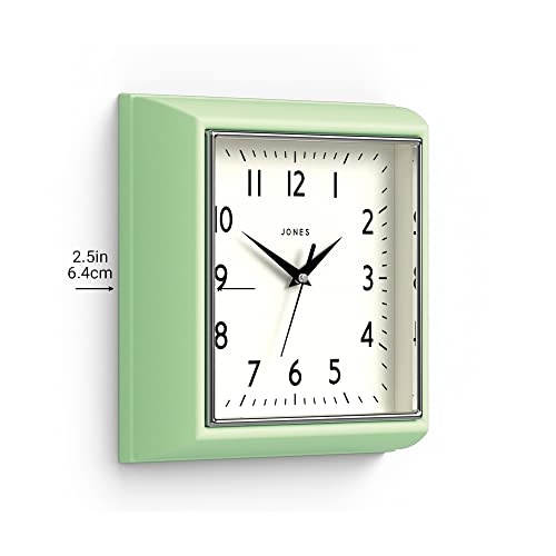 Jones Clocks® The Mustard Wall Clock - Analog Wall Clock - Retro Clock - Kitchen Wall Clocks - Easy To Read Dial - Square Wall Clock - British Design - 10In Clock (Neo Mint) #TOP3