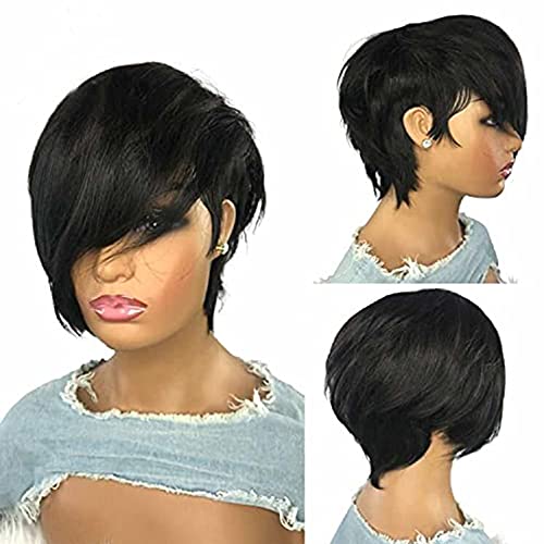 RICONEY Pixie Cut Wigs with Bangs Short Bob Wig Human