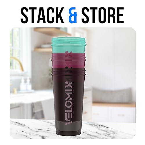 Image of VELOMIX 3 Pack 14 oz Protein Shaker Bottle for Mixes - 3 Wire Whisk Balls | Stackable Leak Proof Cups | Dishwasher Safe, BPA-Free (Mixed Colors)