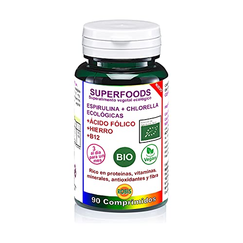 Robis Superfoods Espirulina + Chlorella Bio | Vegano/Vegetariano | Rico En Proteínas, Vitaminas, Antioxidantes, Clorofila Y Fibra | Espirulina, Chlorella, Hierro, Ácido Fólico - 90 Comprimidos