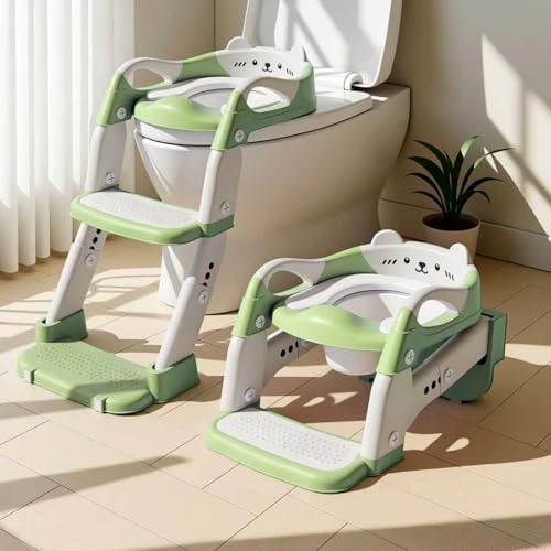 Toilettensitz Kinder mit Treppe, 3 in 1 Klappbarer Toilettenleiter für Kinder, Rutschfest und Wasserdicht, mit Spritzschutz, Kinder Toilettensitz für Kinder das Selbstständige Toilettentraining（Grün）