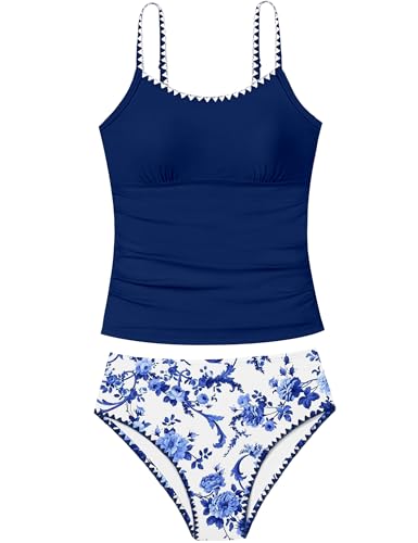 Image of Girls Swimsuit Solid Color Tankini Contrast Trim Swimwear 2 Piece Bathing Suit Padded Swimsuits for Teens 9-16Y
