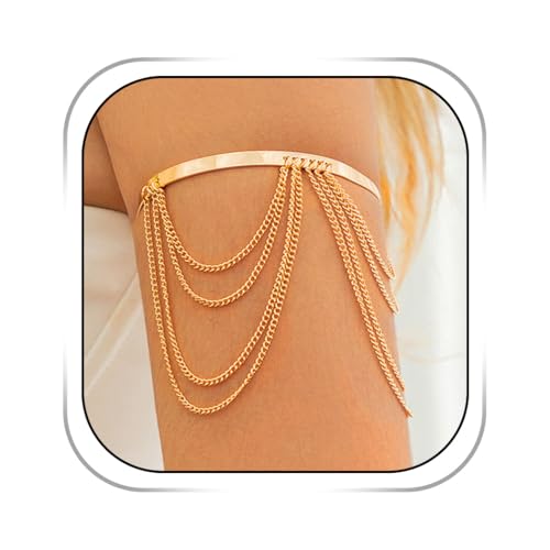 Pulseras de Plata para Mujer, Brazalete Ajustable Abierto con Borla Superior Estilo Bohemio Dorado para Vacaciones