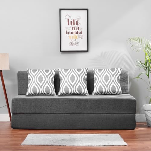 Image of Convertible Fabric Sofa Cum Bed | Foldable Double Foam & Washable Cover with Cushions | Modern Design Use Living Room & Guest Room (Dark-Grey-Multi-Silver, 5X6 Ft)