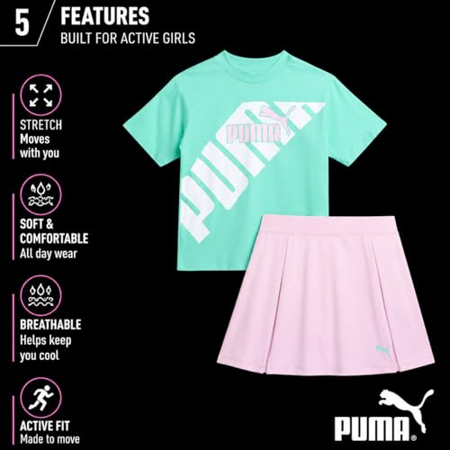 Image of PUMA Girls Athletic Skort Set - 2 Piece Workout Set Active Skirt with Shorts & Short Sleeve T-Shirt Girls Athletic Outfit